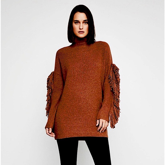 BCBG MAX AZRIA TURTLENECK FRINGE WOOL BLND FRINGE TUNIC SWEATER - SZ L - Picture 2 of 8